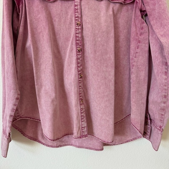 Free People Samantha Pink Acid Wash Ruffle Denim Button Down Top XS - Picture 5 of 11